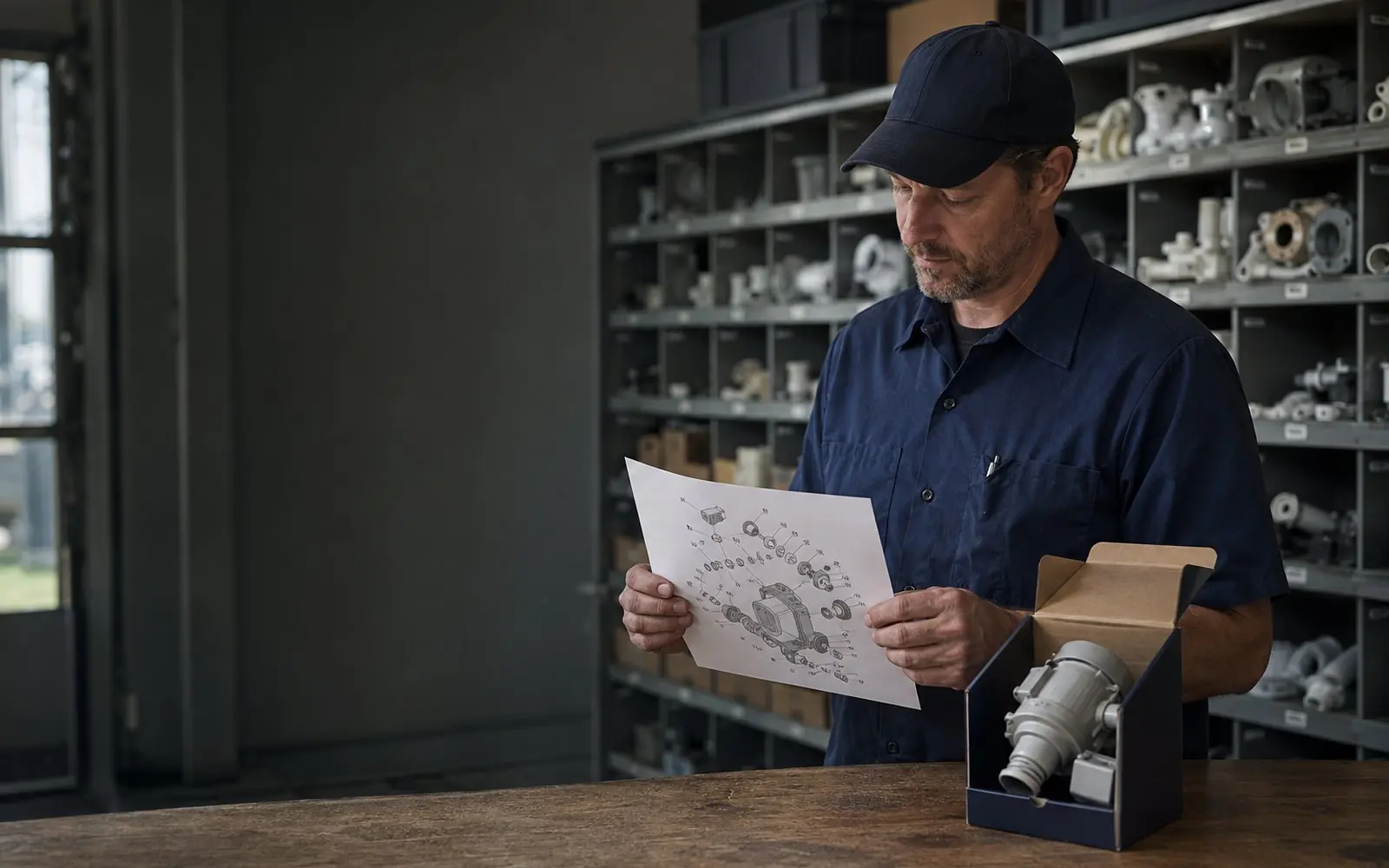 A parts counter with numbered bins of appliance components on the wall behind it, a clerk holding a printed exploded diagram beside a boxed drain pump.
