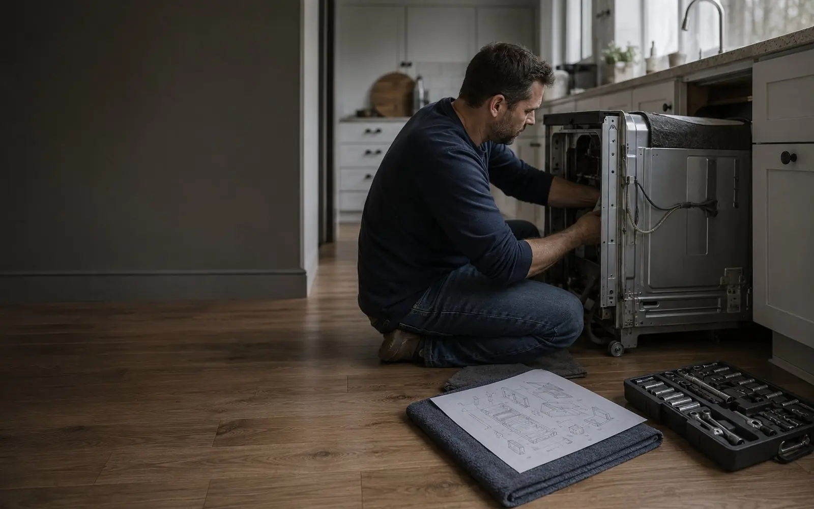 A homeowner at a kitchen floor with a dishwasher pulled out from under the counter, a printed exploded parts diagram and a socket set laid out on a towel.