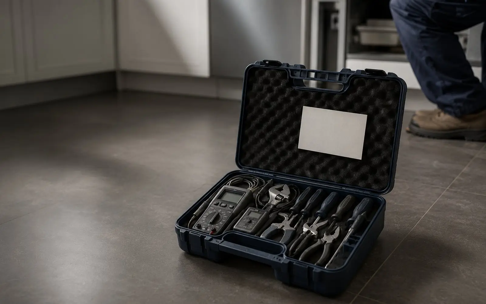 A repair technician standing at a front door holding a clipboard and a hard tool case, with a plain white service van parked at the kerb behind.