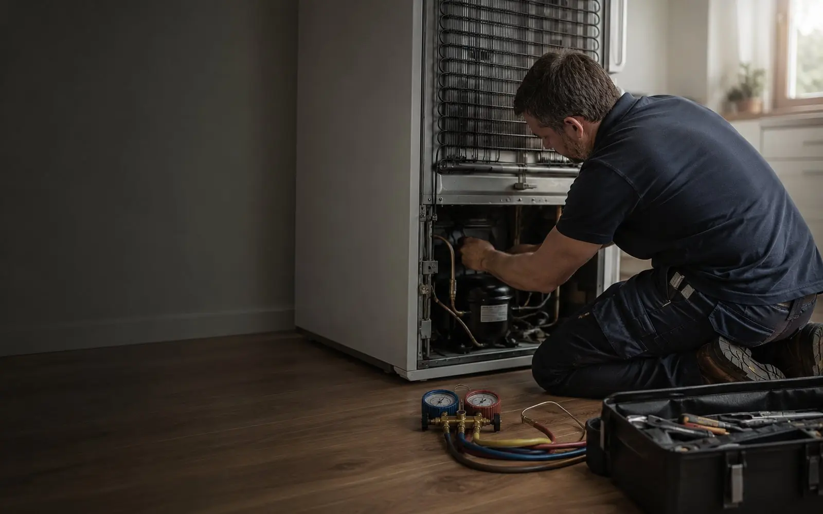 A technician kneeling in front of an open refrigerator with the lower rear access panel removed, a gauge manifold set on the floor beside an open toolbox.