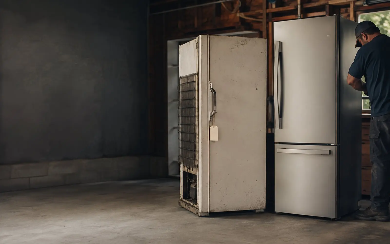 An old refrigerator standing beside a new one in a garage, the older unit with its rear coil grille exposed and a service tag hanging from the handle.
