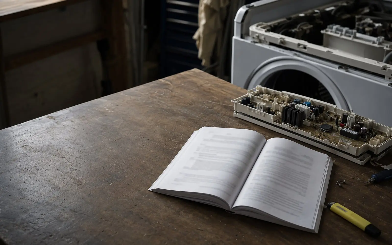 A printed copy of a state statute lying open on a workbench beside a disassembled washing machine control board and a yellow highlighter.