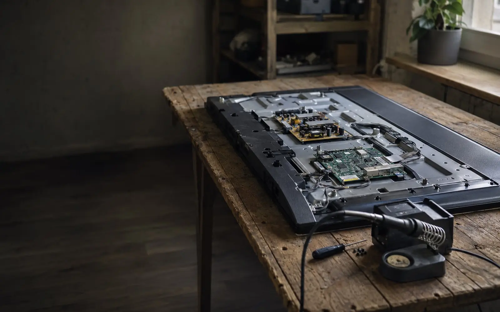 A flat-screen television lying face down on a workbench with the rear cover removed, exposing the power board and main board, beside a soldering station.