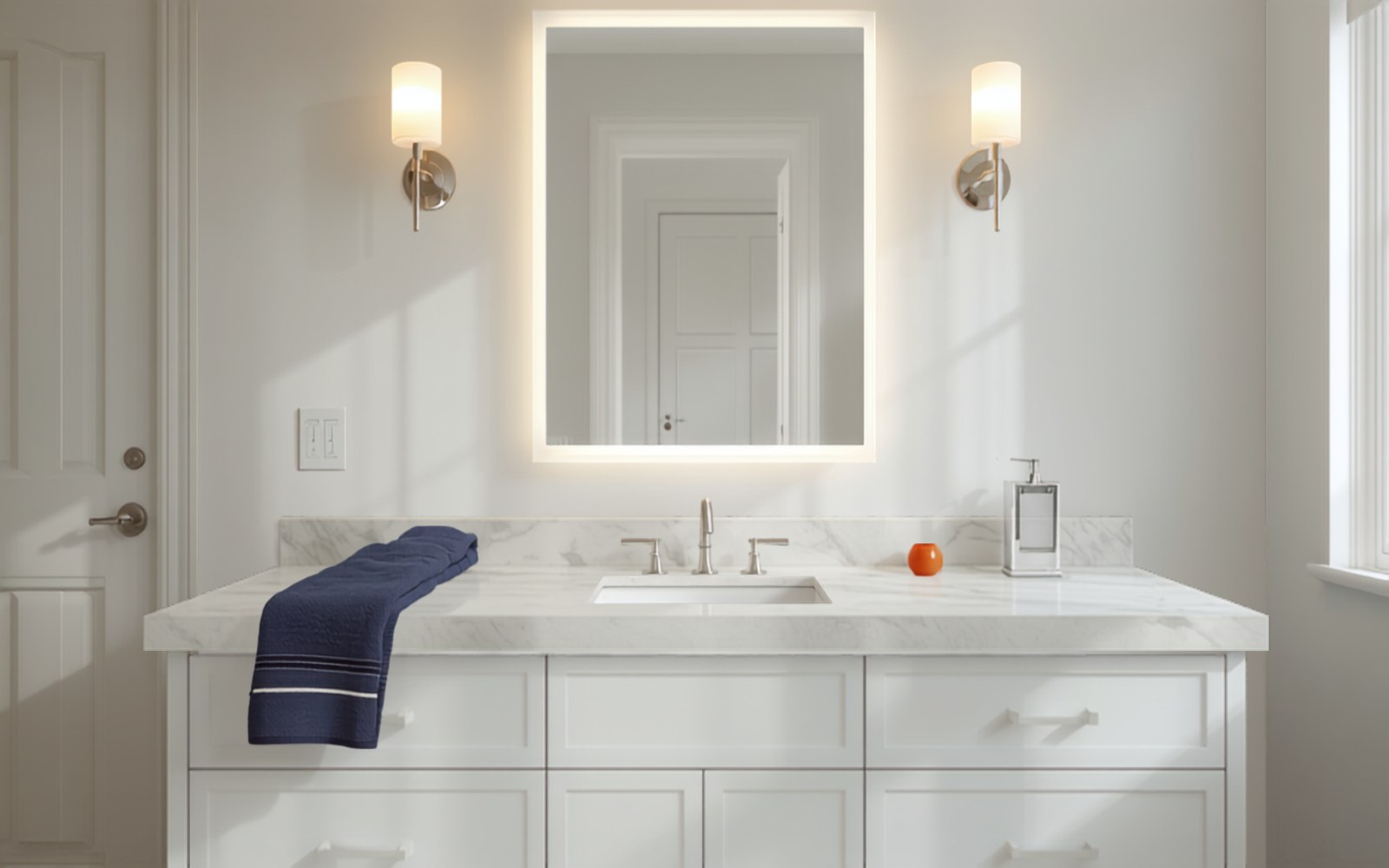 Close on a backlit LED mirror and sconce pair glowing over a vanity in daylight