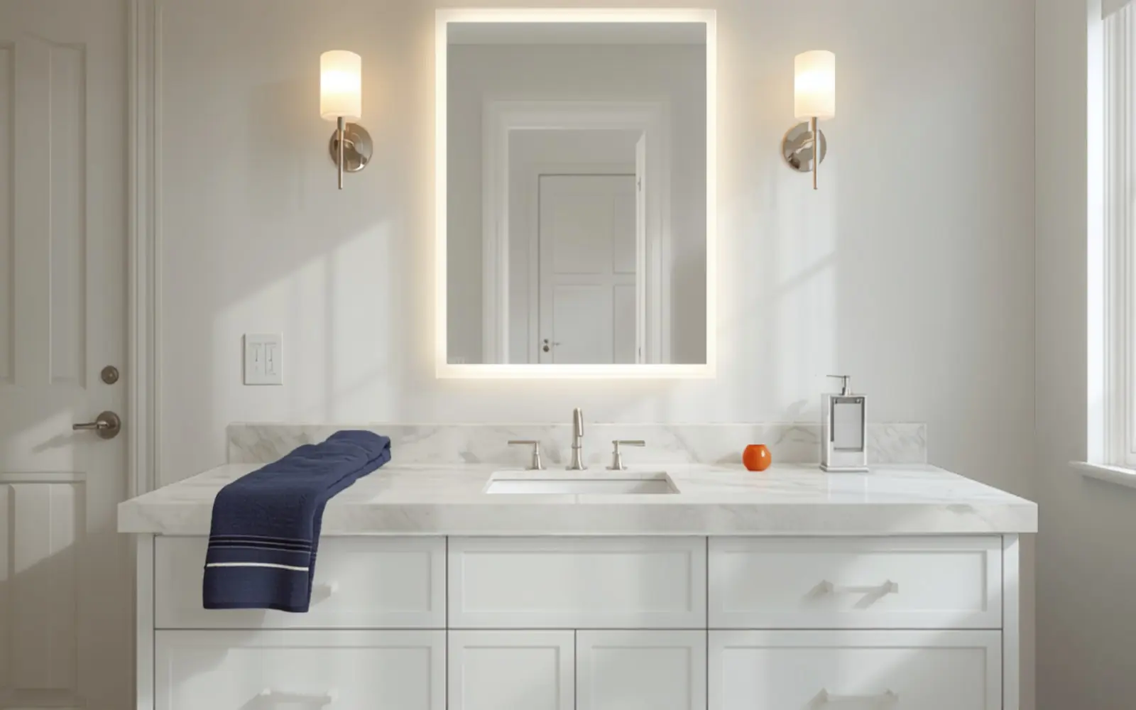 Close on a backlit LED mirror and sconce pair glowing over a vanity in daylight