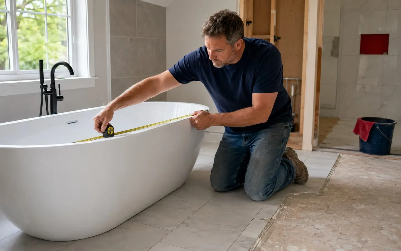 Bathroom mid-remodel: new tub installed, tile half set, contractor in navy holding exactly one taut yellow tape measure extended in both hands, no second tape measure or stray ribbon anywhere in frame