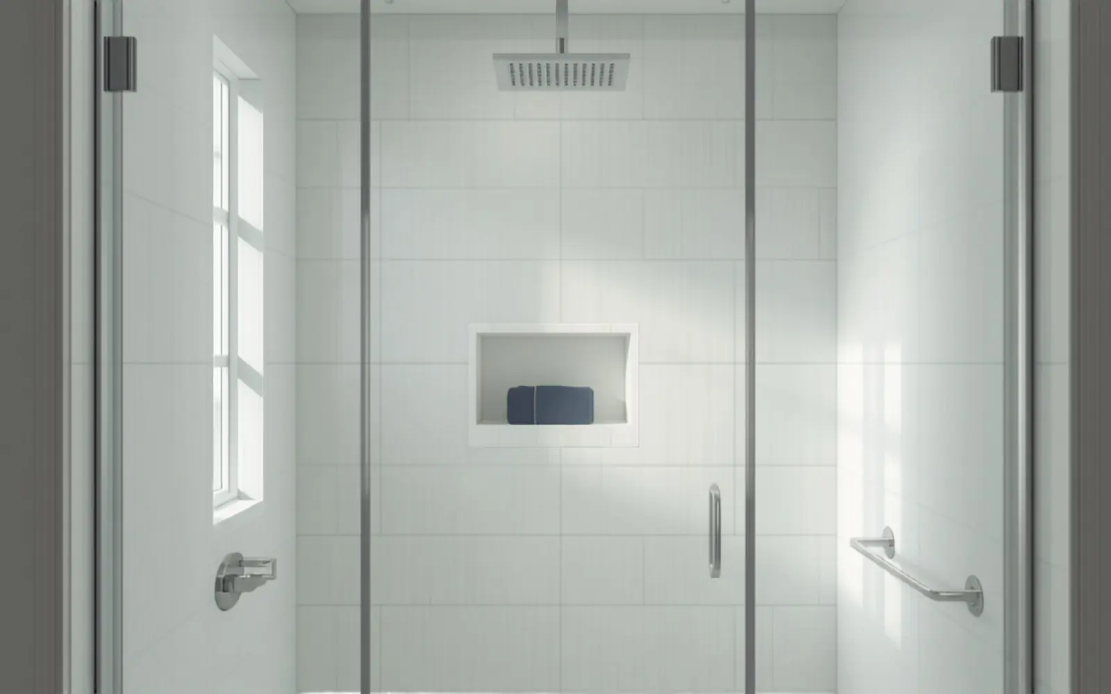 Walk-in shower with large-format white tile, glass panel, rainfall head, niche shelf