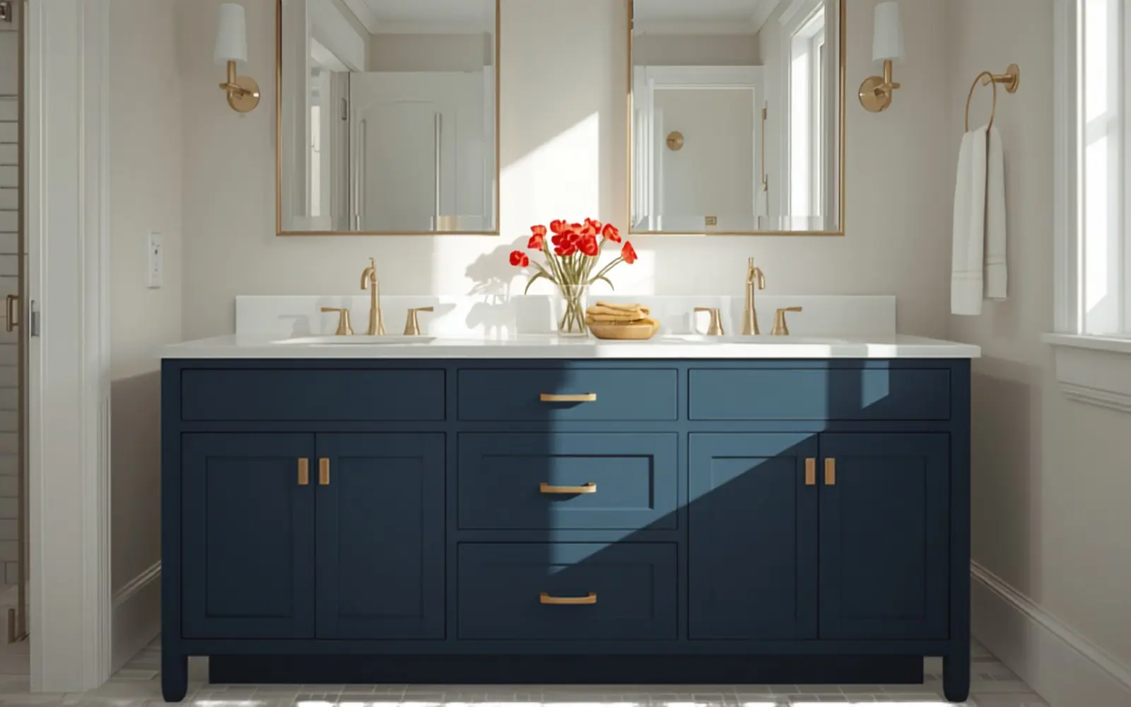 Double navy-blue vanity with quartz top and brass pulls, styled minimally