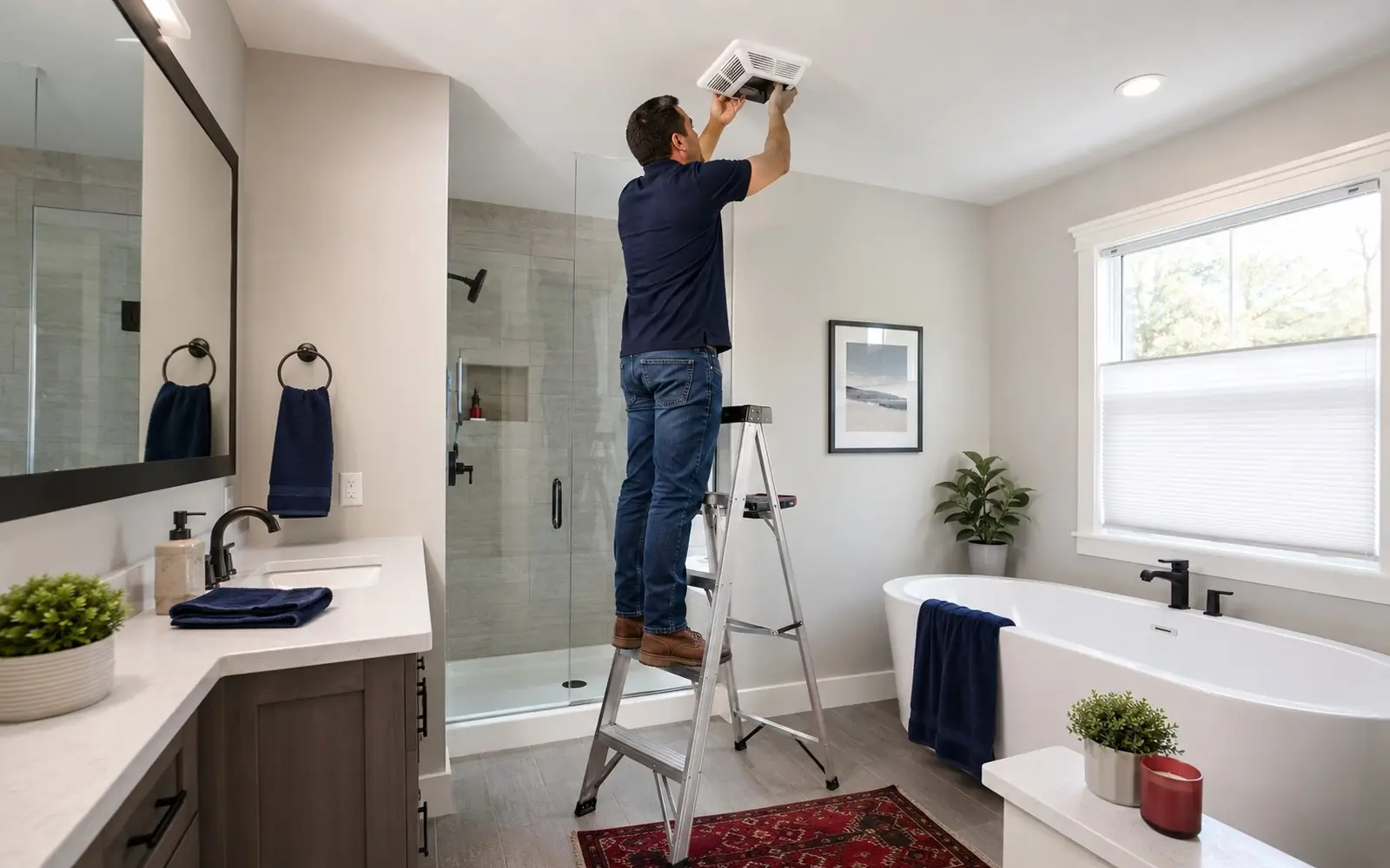 Installer in navy fitting a modern ceiling exhaust fan, standing on a stepladder with both feet planted on a middle rung (never the top rung or top platform), closed-toe work boots, bright window light
