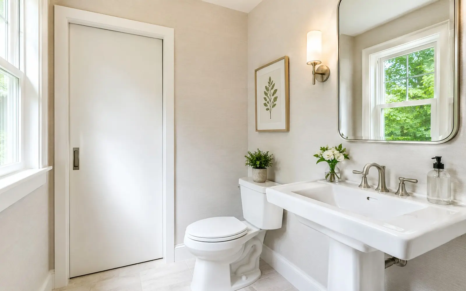 Compact powder room made airy, with a toilet AND a pedestal-style sink both clearly visible and unmistakably a complete small bathroom (not a sink alone): pocket door, big mirror, light tile