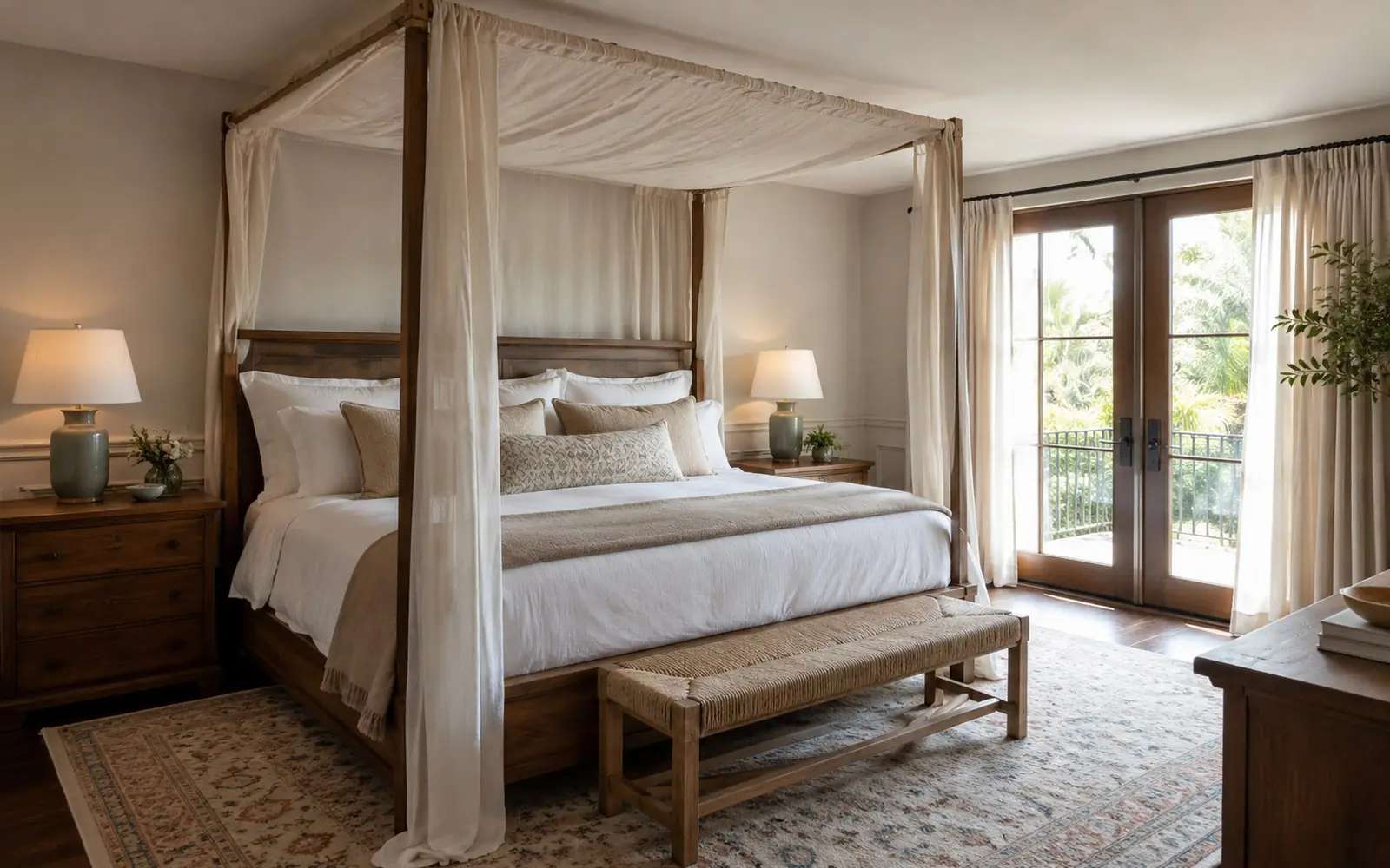 A four poster canopy bed with slim wooden posts and a light fabric drape, standing in a bedroom with a plain ceiling close above it.