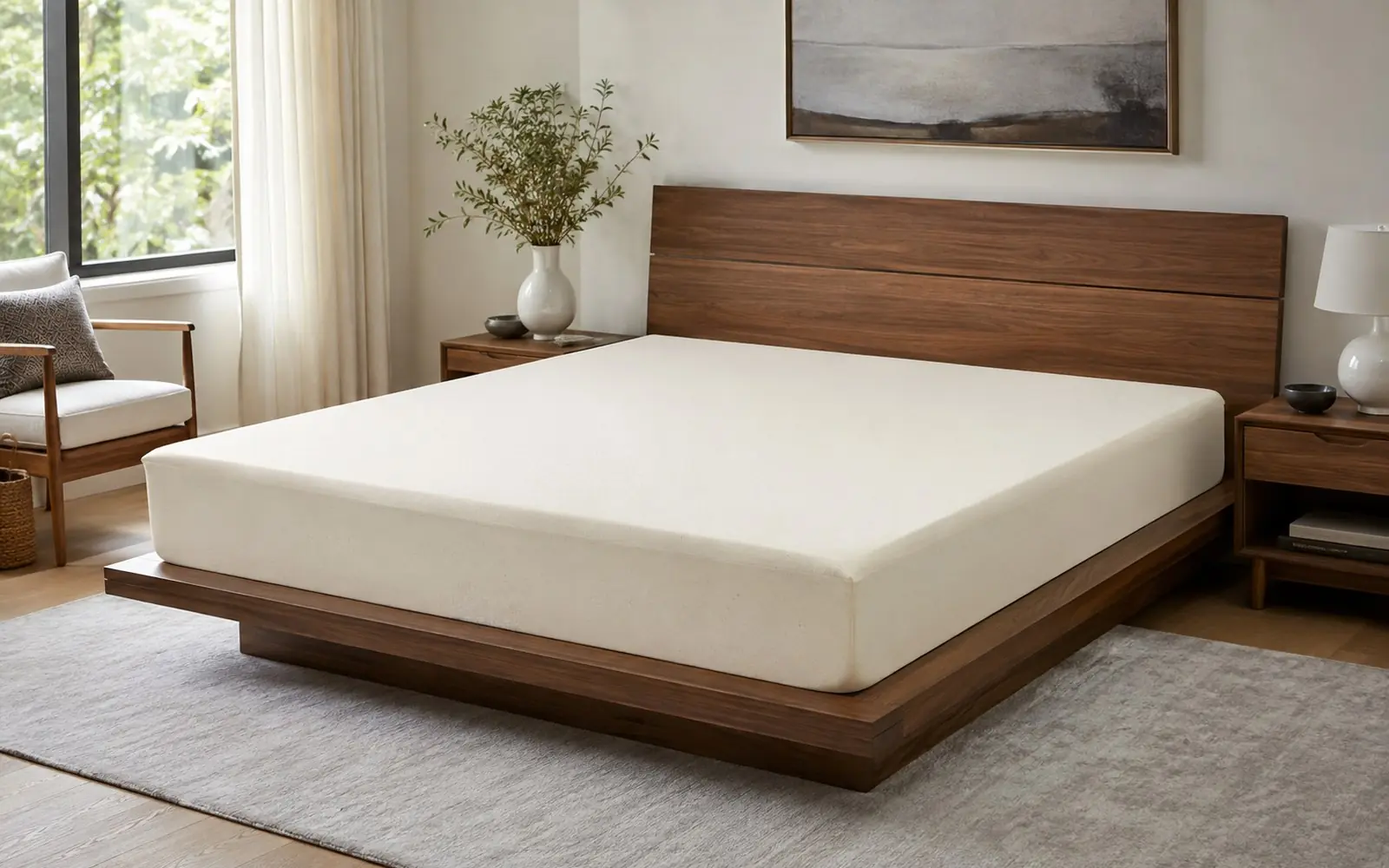 A queen memory foam mattress on a low wooden platform bed frame in a bright bedroom, the bedding pulled back to show the bare foam surface.