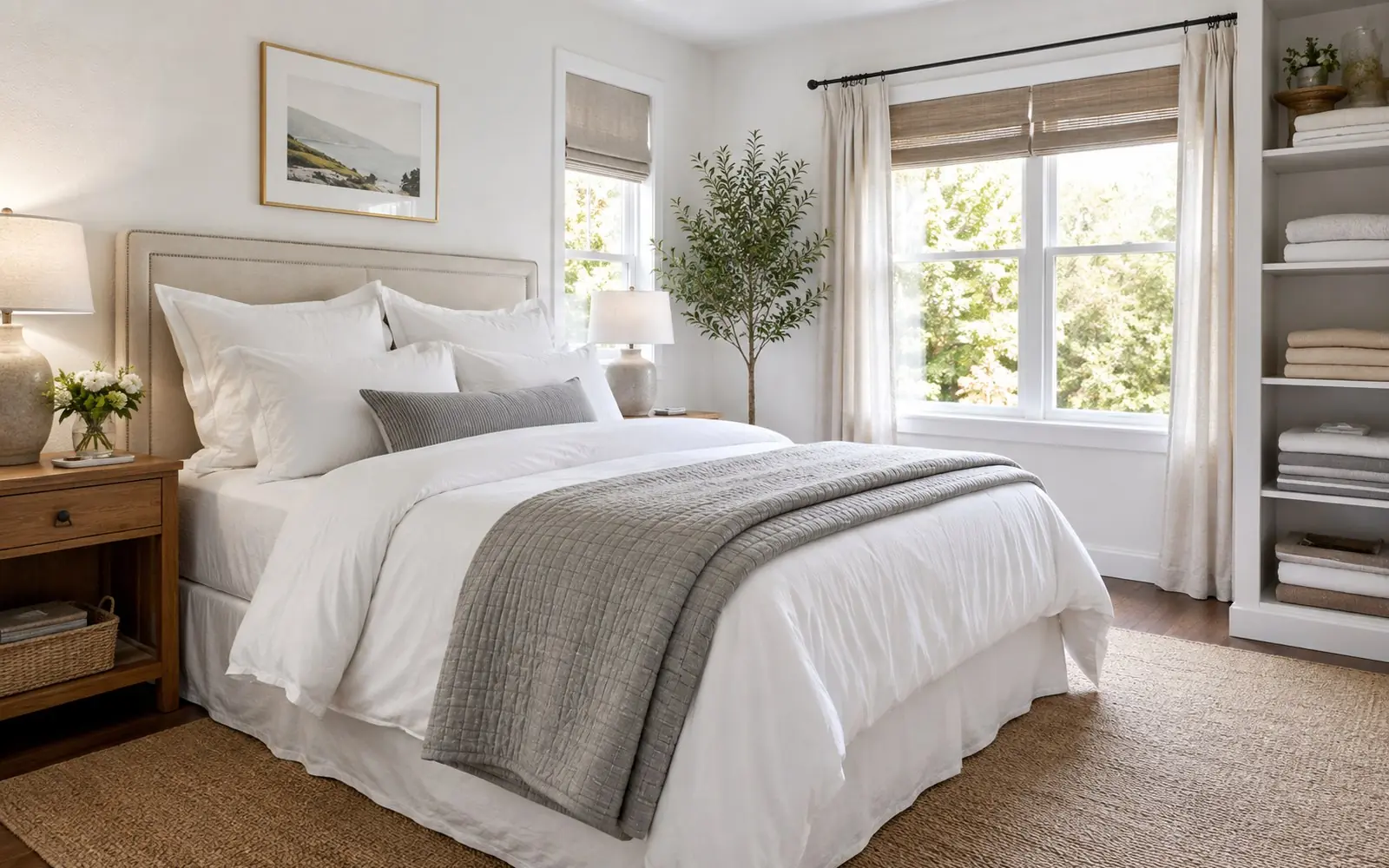 A neatly made queen bed with layered white sheets, a folded grey bedspread at the foot, and a stack of folded linens on a shelf beside it.