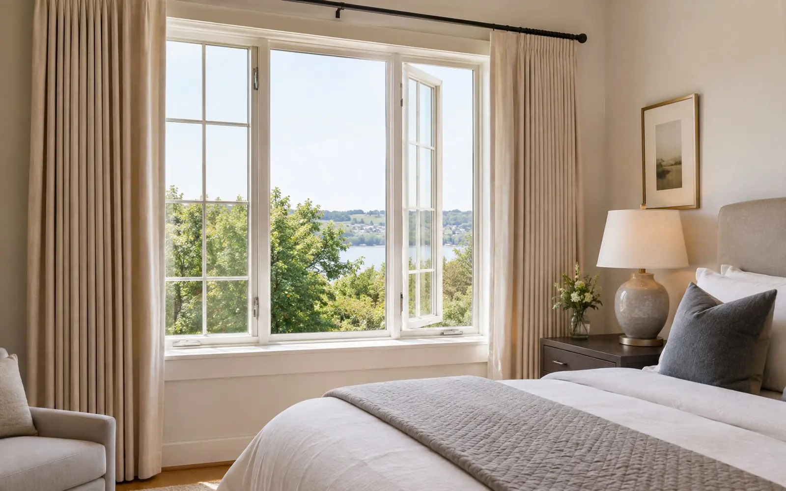 A bedroom window with floor length curtains pushed open, showing a wide casement sash and a low sill, with a table lamp on a nightstand beside it.