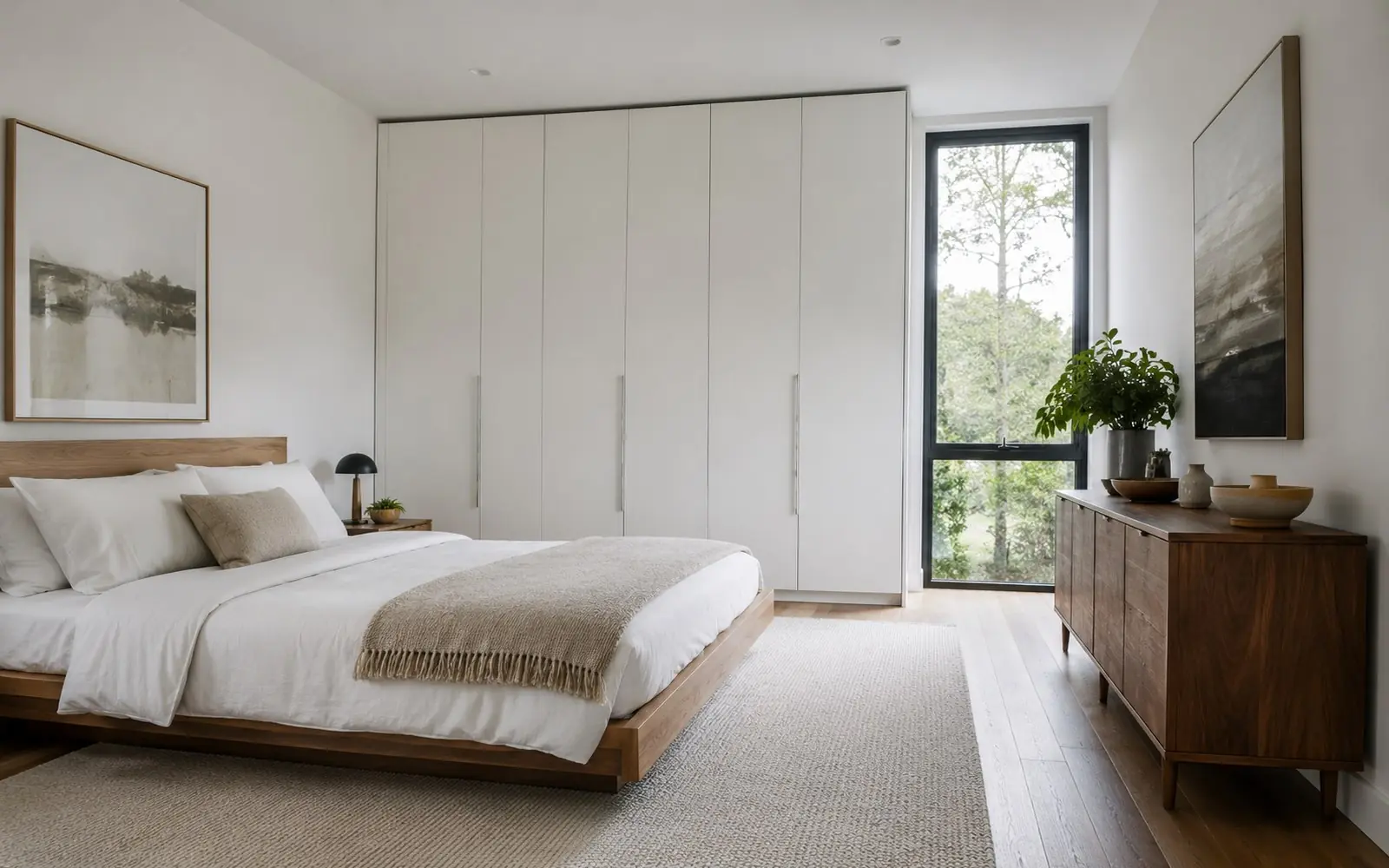 A bedroom with a low platform bed, a tall white wardrobe running to within inches of the ceiling, and a wooden credenza against the opposite wall.