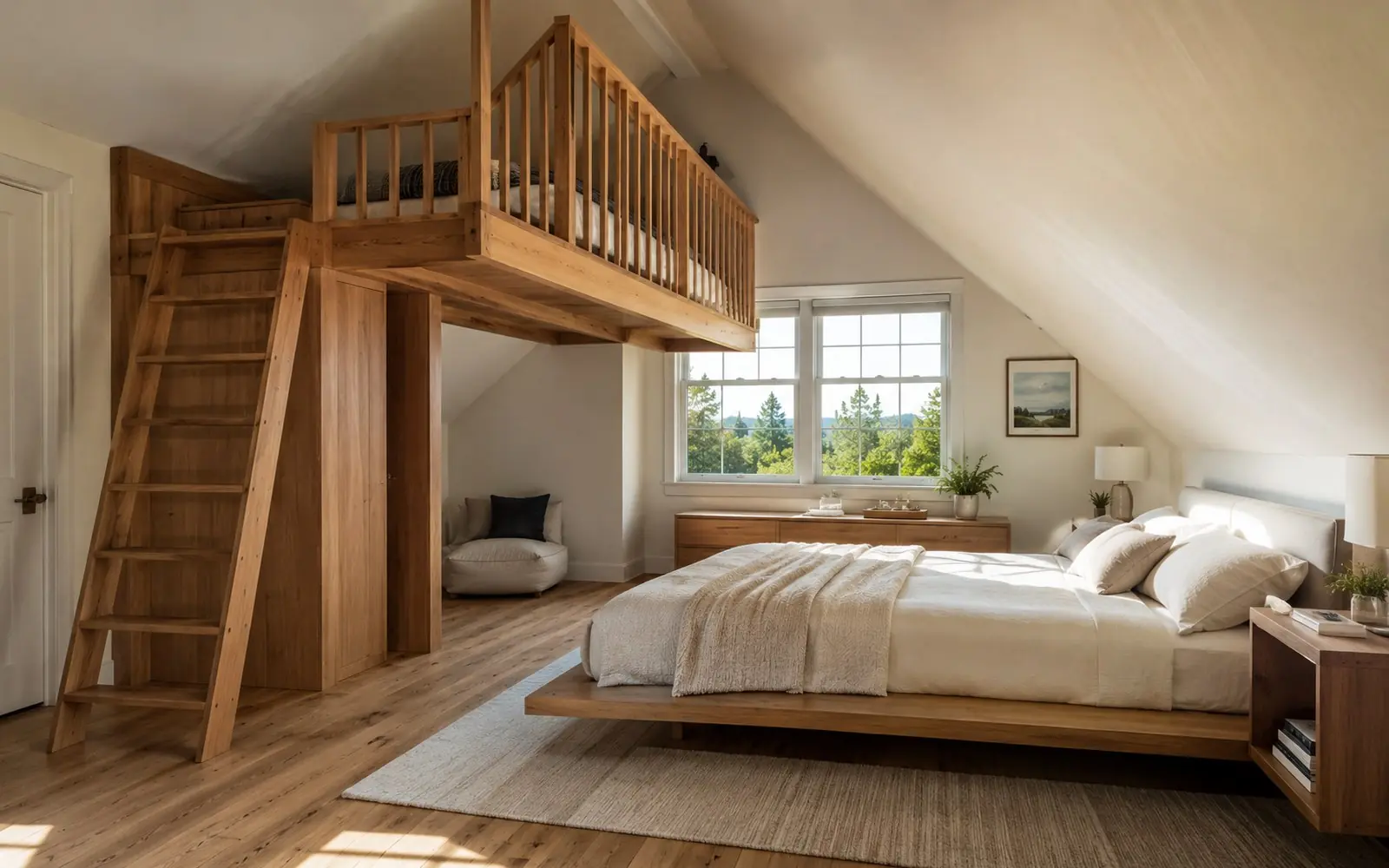 A wooden loft bed built against a sloping attic wall, with a low platform bed visible in the room below and a window on the far wall.