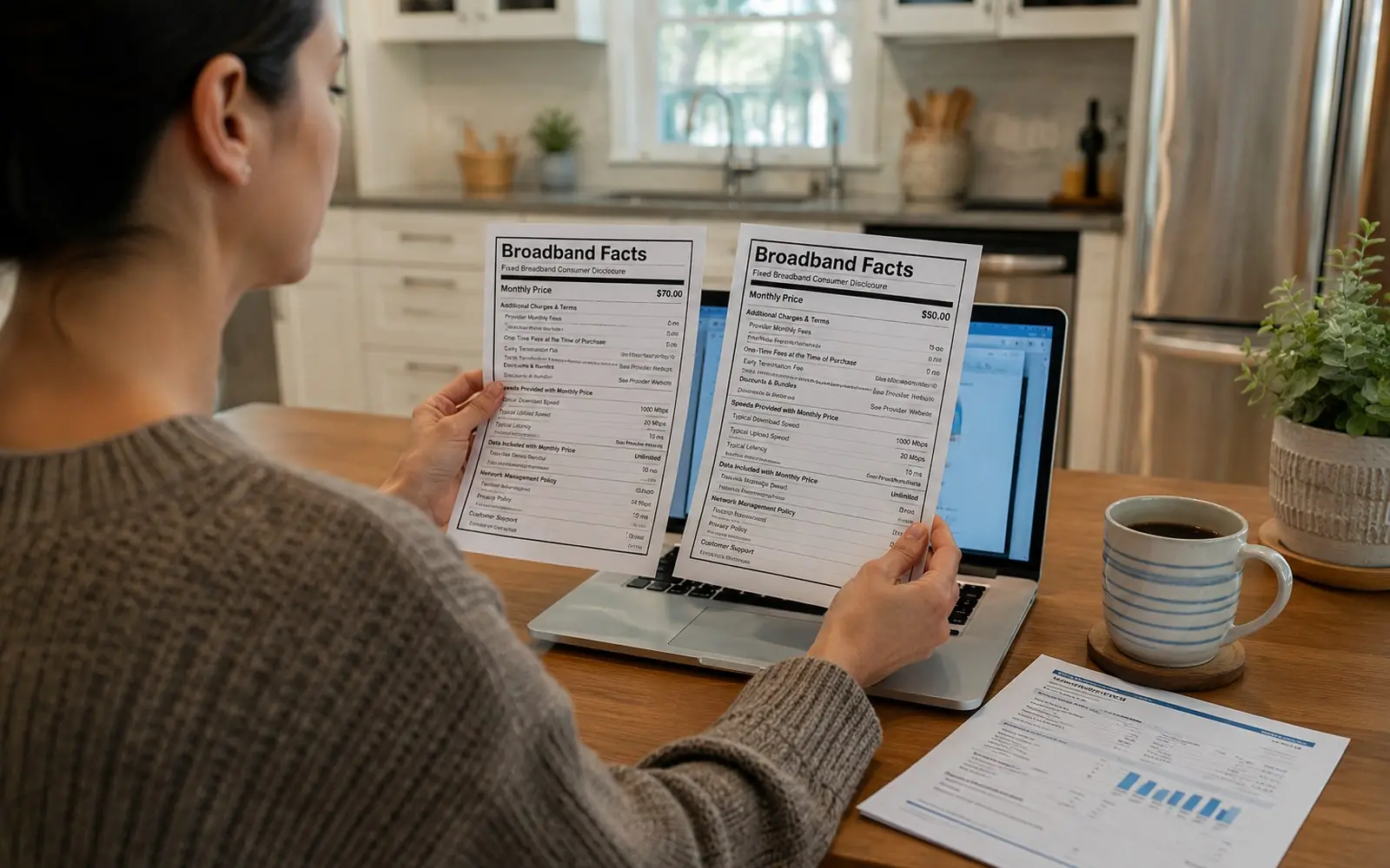 A person at a kitchen table comparing two printed broadband facts labels side by side next to a laptop and a paper bill.