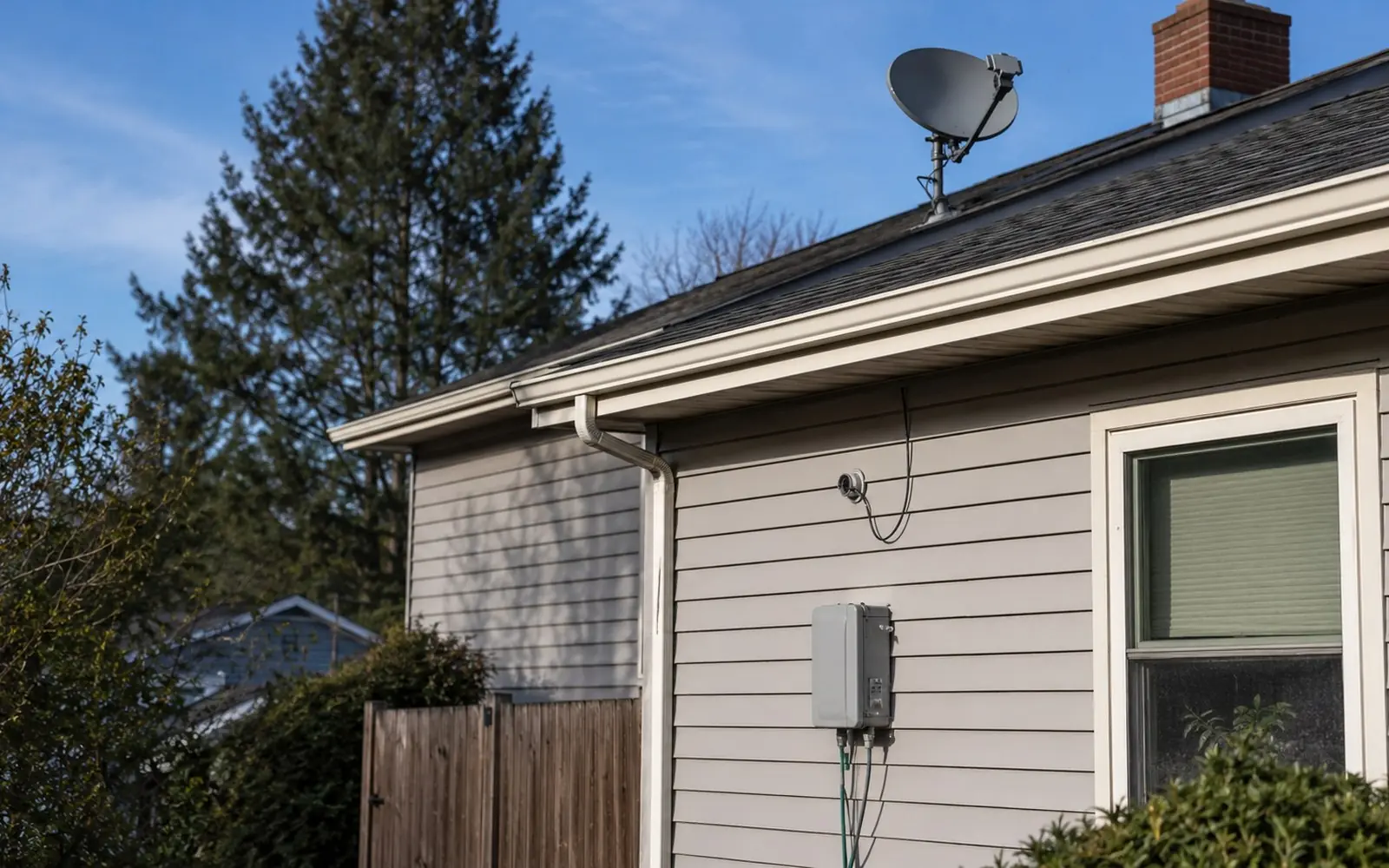 A suburban house with a fiber junction box on the wall, a coaxial cable entry, and a satellite dish mounted on the roof.