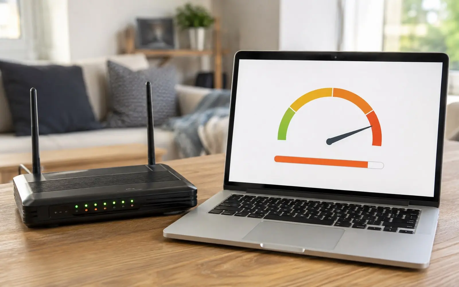 A home router with status lights beside a laptop showing a monthly data usage meter approaching its limit.