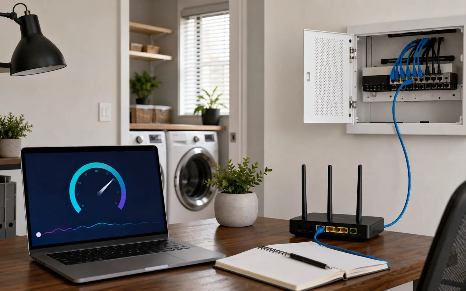 A wall-mounted network panel with an ethernet cable plugged into a router, and a laptop on a desk showing a speed test result.