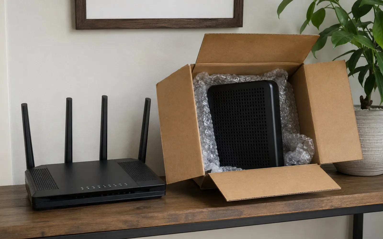 A consumer-owned WiFi router on a shelf beside a provider-branded modem in a shipping box ready to be returned.