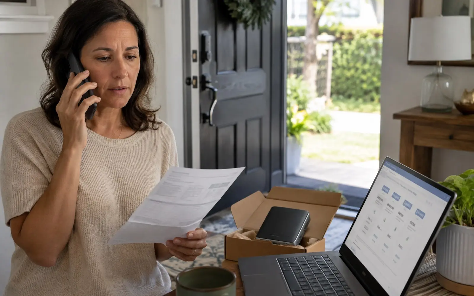 A homeowner on the phone holding a paper internet bill, with a laptop open to a new provider's plan page and a modem box by the door.