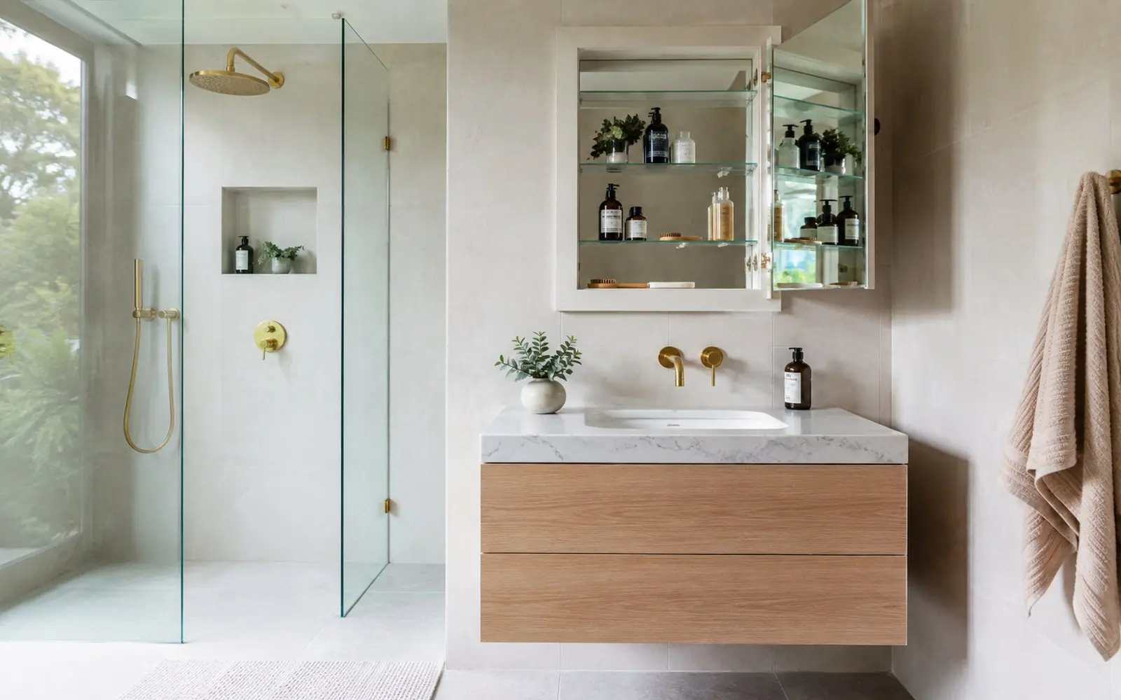 A newly installed wall hung bathroom vanity with an undermount sink, next to a recessed medicine cabinet set into the wall above.
