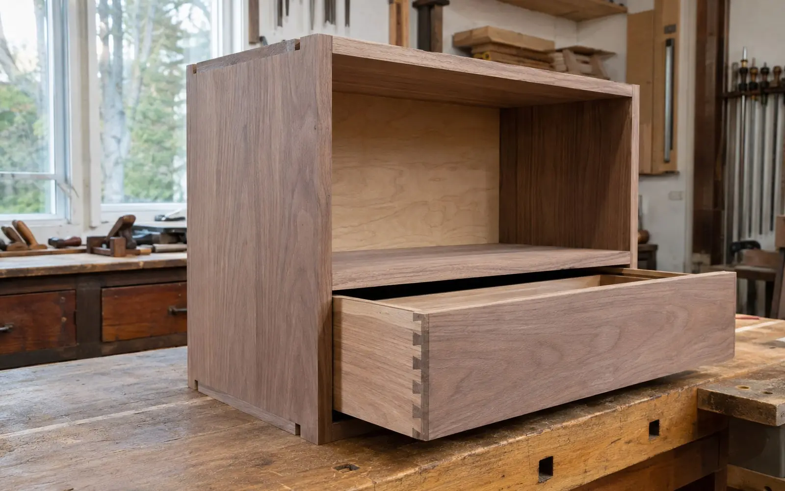 An open frameless cabinet box on a workbench showing a dadoed side panel, a plywood back and a dovetailed drawer pulled halfway out.