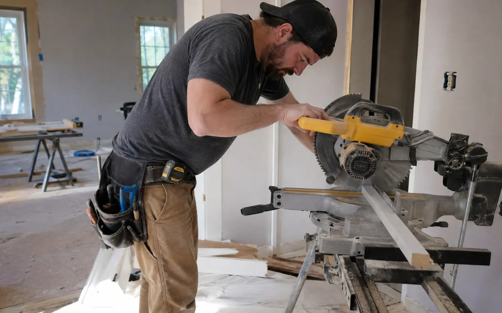 A carpenter in a tool belt cutting a length of baseboard on a miter saw set up in a partly finished room.