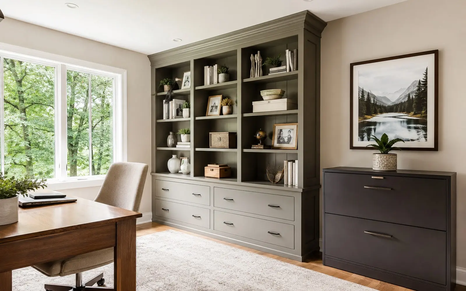 A home office wall of built-in cabinetry with open shelving above and two deep file drawers below, beside a freestanding lateral filing cabinet.