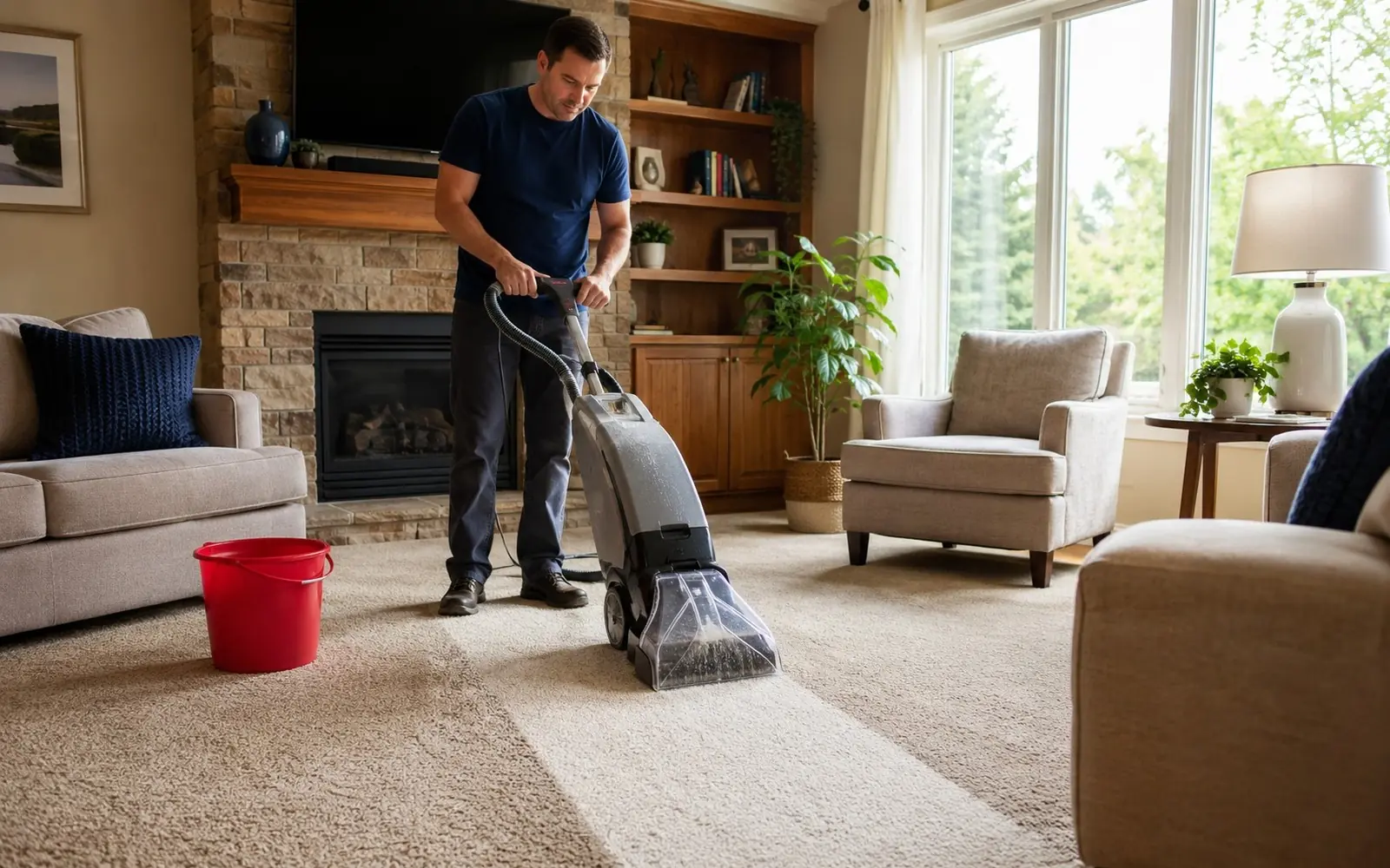 Homeowner running an unlabeled upright carpet extractor across a living room carpet