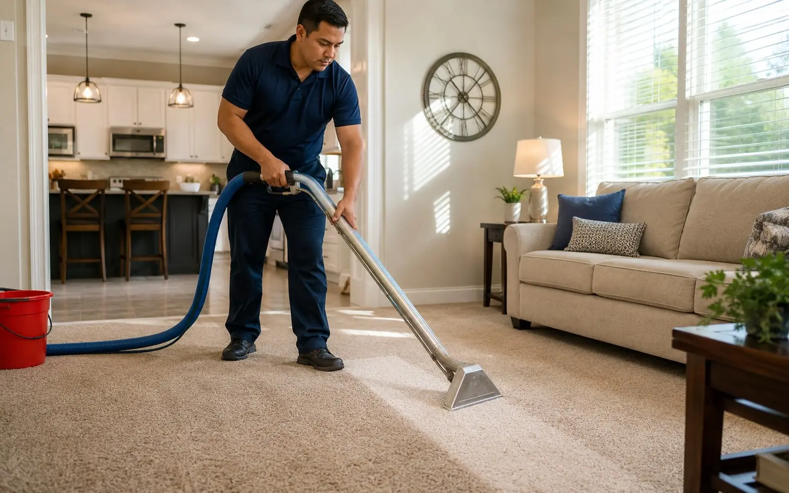 Technician in navy guiding a professional wand across beige carpet, visible clean stripe