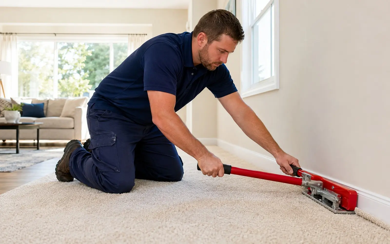 Kneeling technician power-stretching carpet flat at a wall, red-handled tool