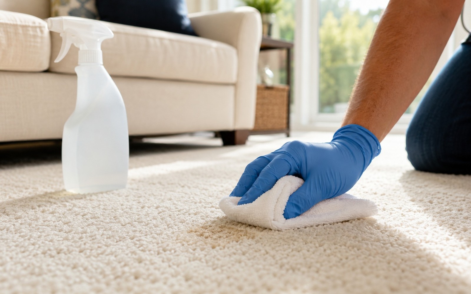 Close on gloved hand blotting a faint stain from cream carpet, spray bottle unlabeled