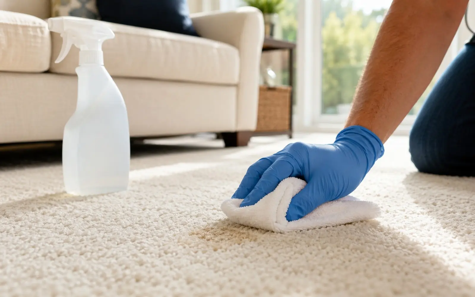Close on gloved hand blotting a faint stain from cream carpet, spray bottle unlabeled