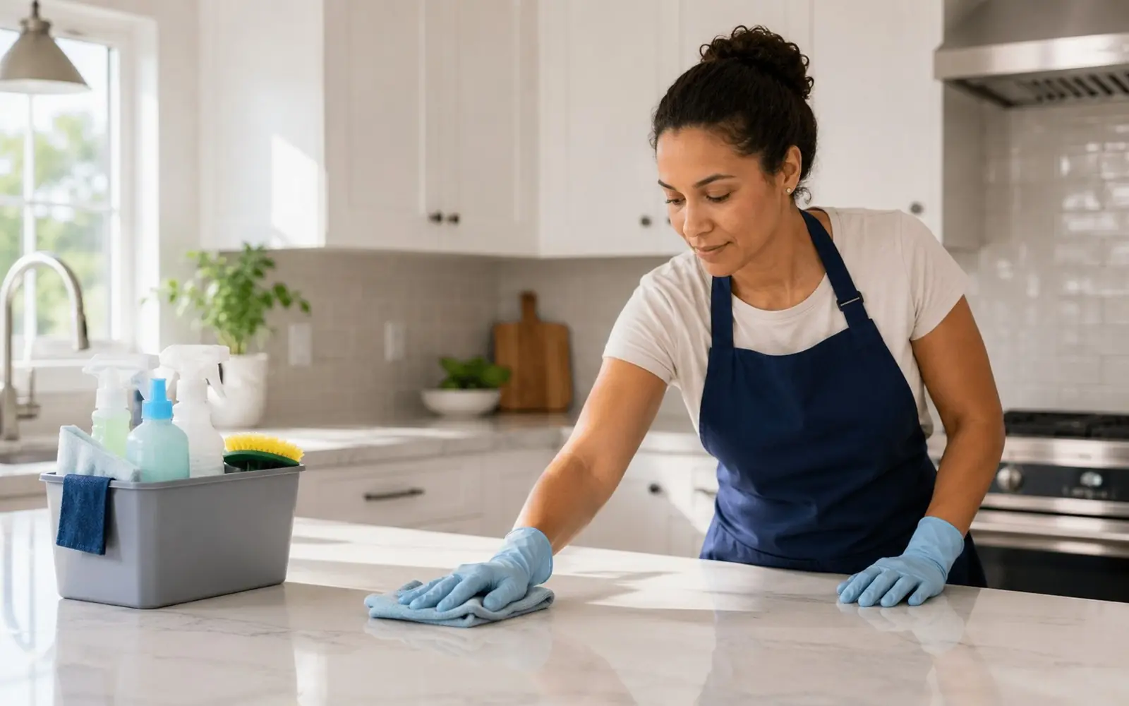 Cleaner in navy apron wiping a counter in a bright kitchen, tidy caddy of supplies