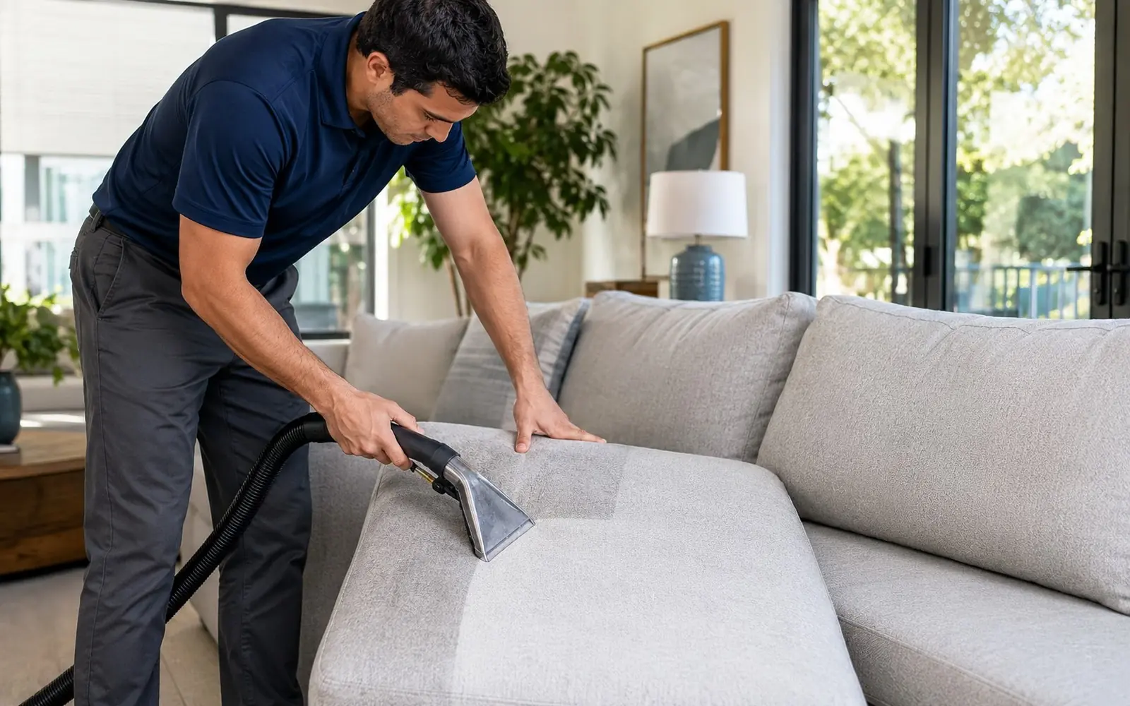 Technician hand-cleaning a light gray sofa cushion with an extraction tool