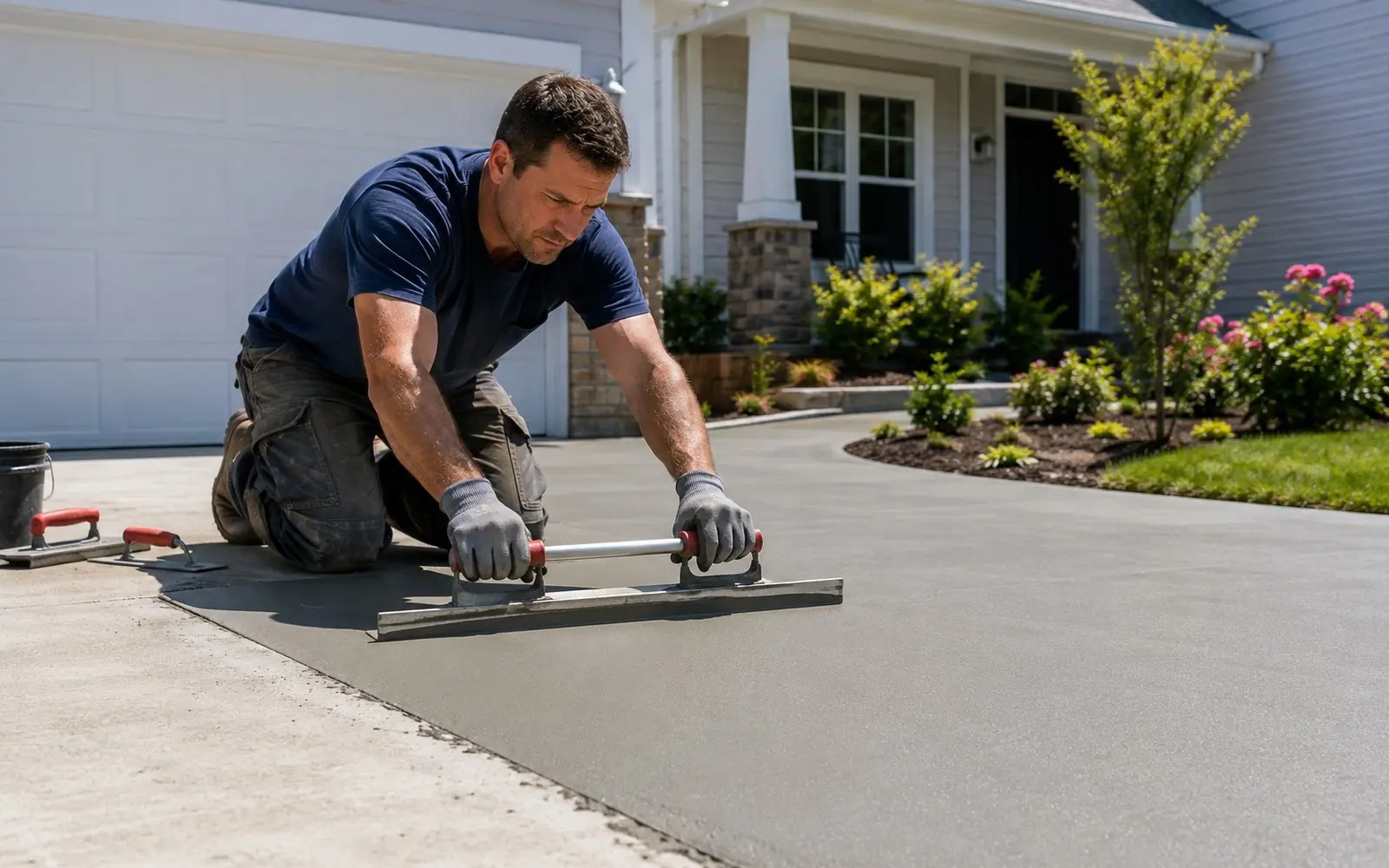 Worker applying smooth resurfacing overlay to a driveway with a squeegee trowel