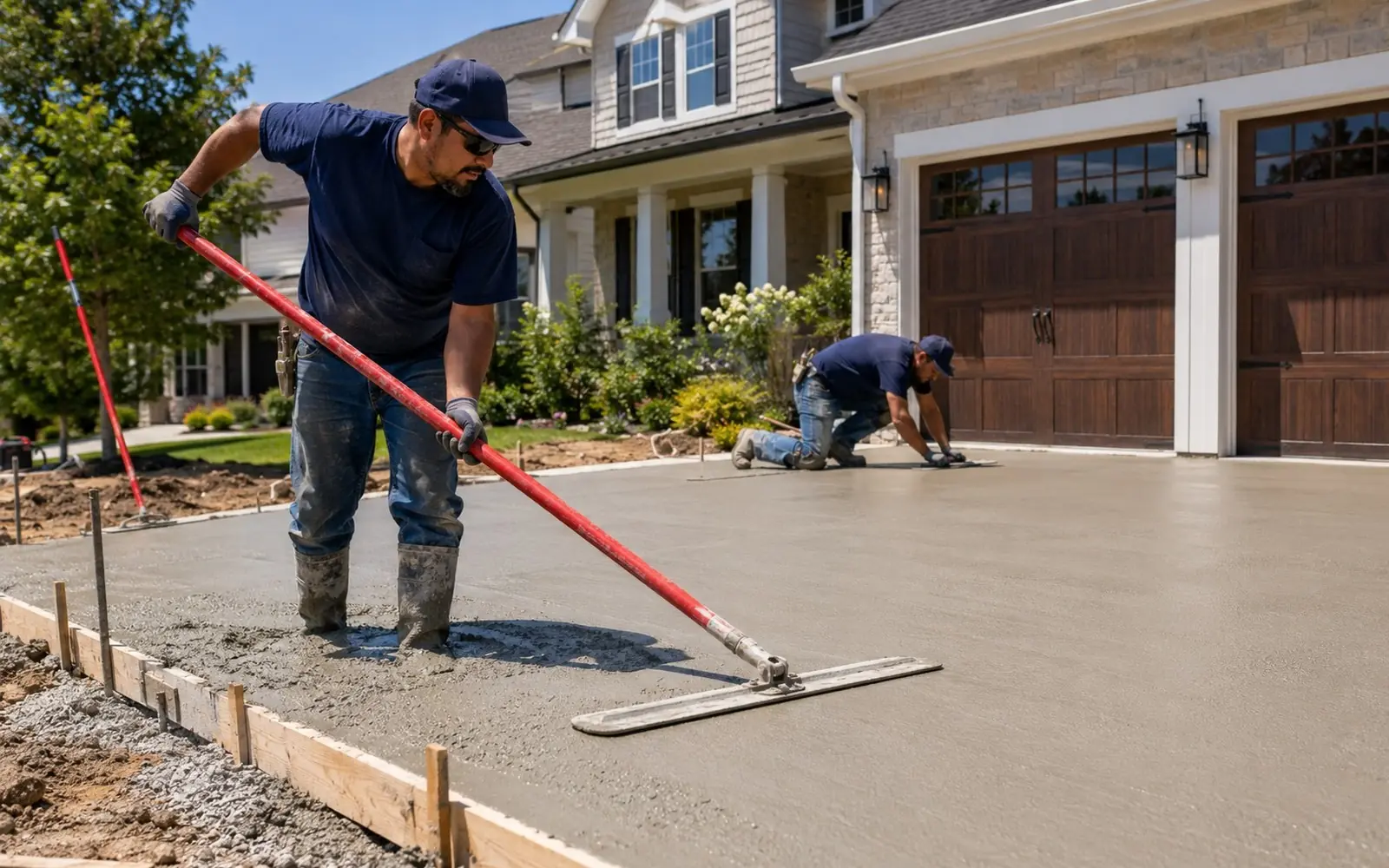 Crew finishing a freshly poured driveway with a bull float, clean formwork