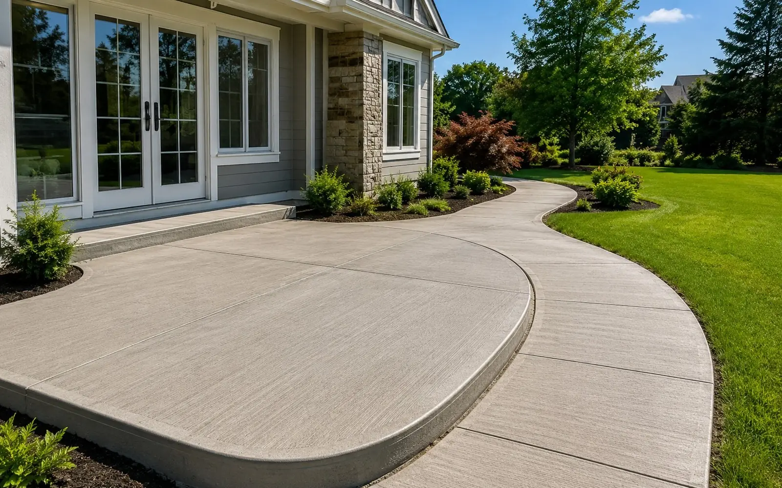 New broom-finished patio and curving walkway beside a green lawn, edging crisp
