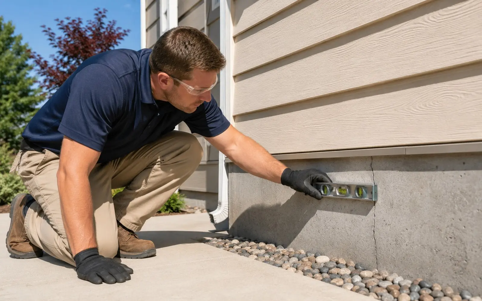Technician in navy inspecting a foundation crack at the exterior wall with a level