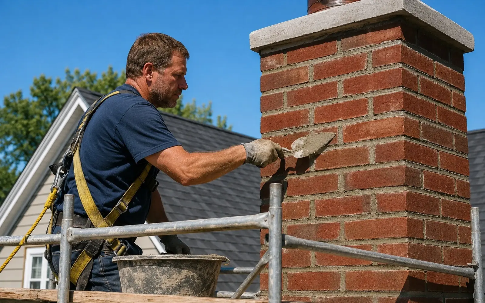 Mason repointing a brick chimney against blue sky, scaffold, fresh mortar joints