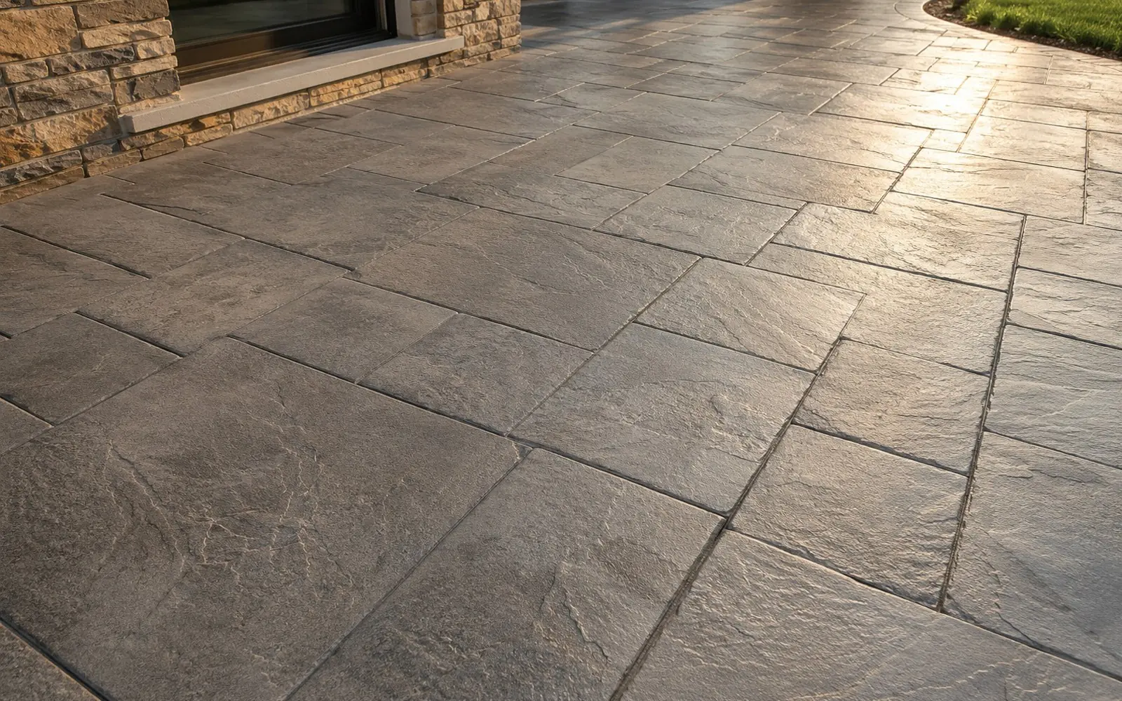 Close on a slate-pattern stamped patio in warm gray tones, texture in raking light