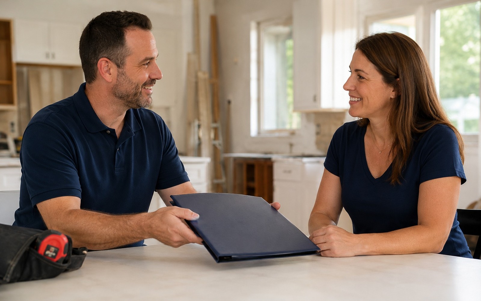 Contractor and homeowner at a bright table, contractor presenting an unreadable folder, trust-check moment