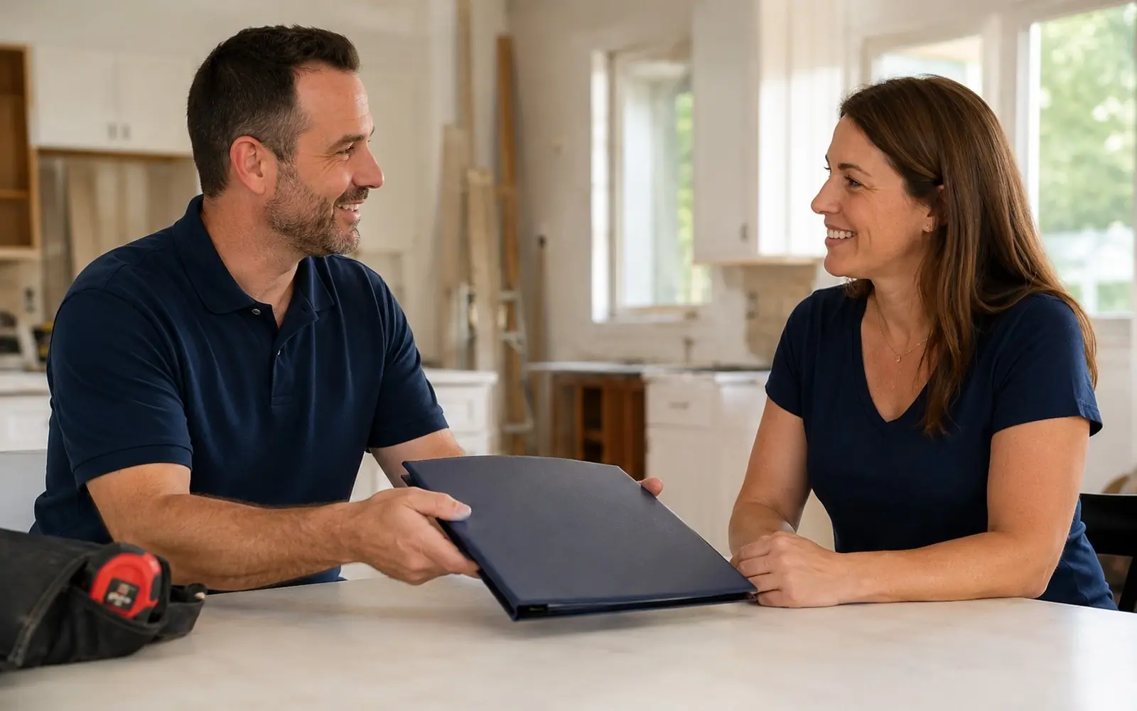 Contractor and homeowner at a bright table, contractor presenting an unreadable folder, trust-check moment
