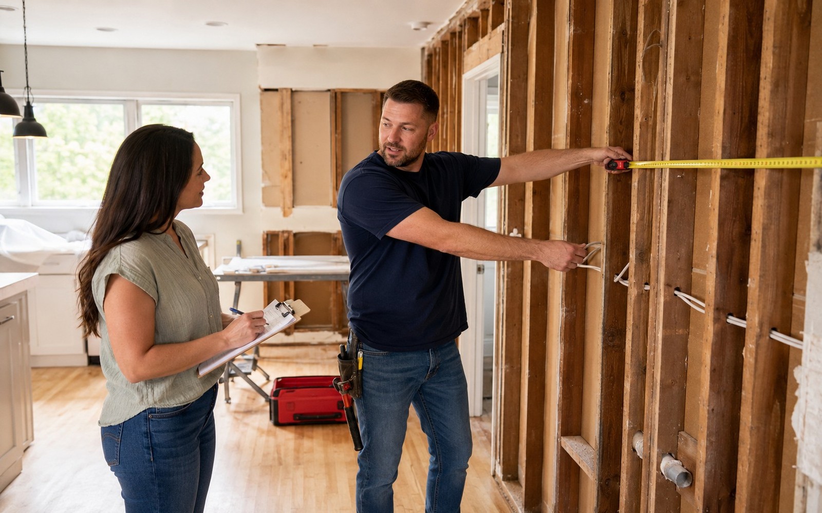 Contractor measuring a gutted kitchen space while homeowner takes notes