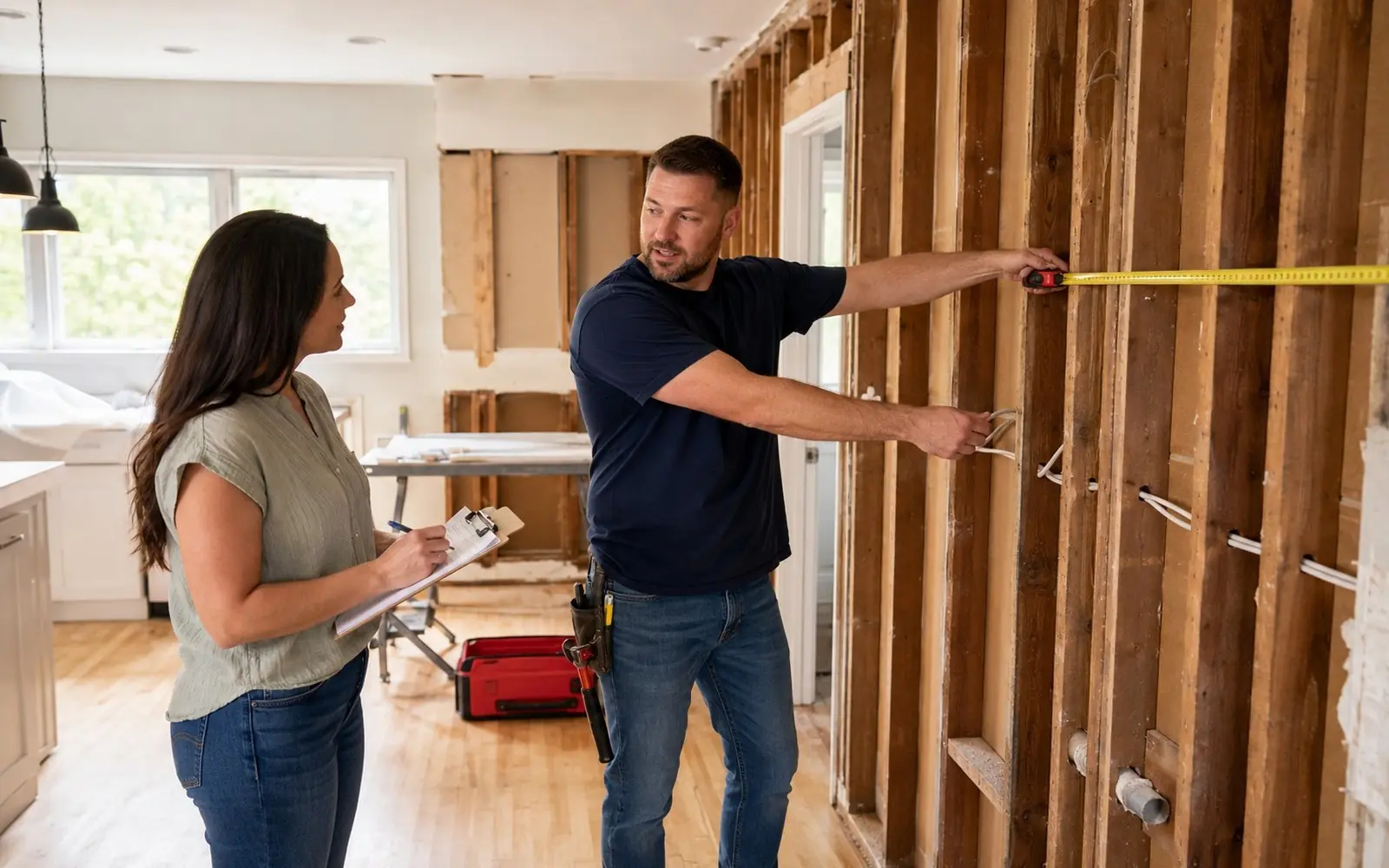 Contractor measuring a gutted kitchen space while homeowner takes notes