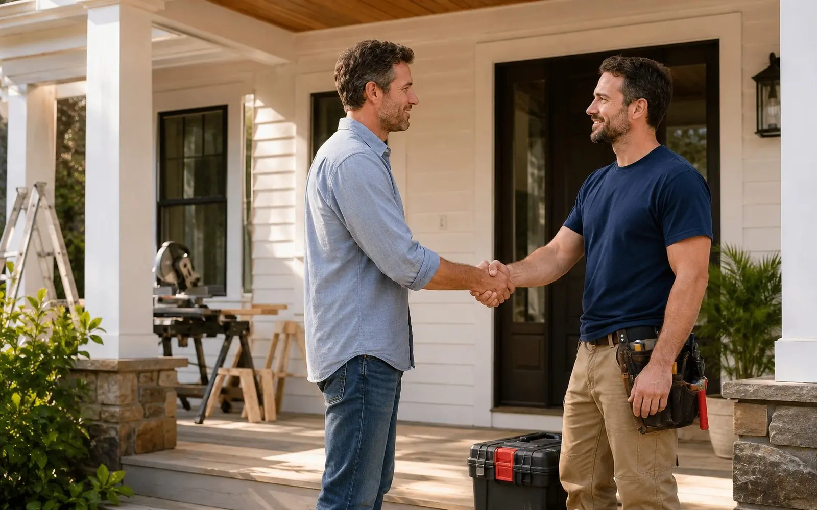 Front-porch handshake between homeowner and contractor, toolbox at feet
