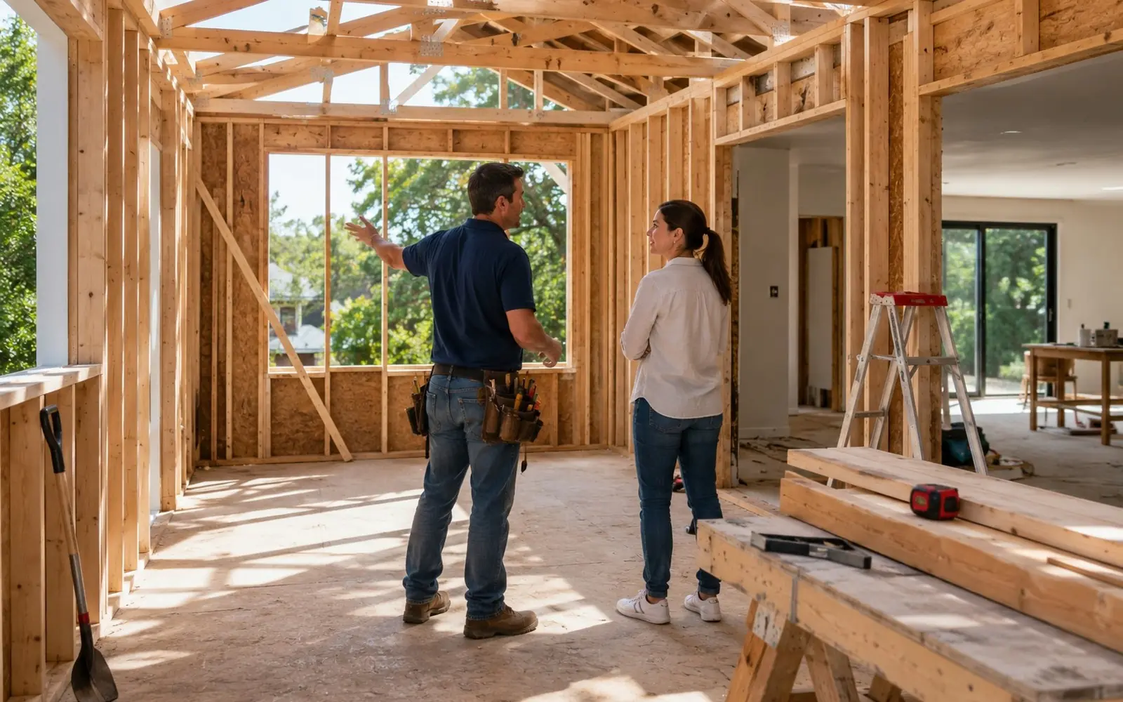 Framed room addition open to daylight, contractor walking homeowner through the space