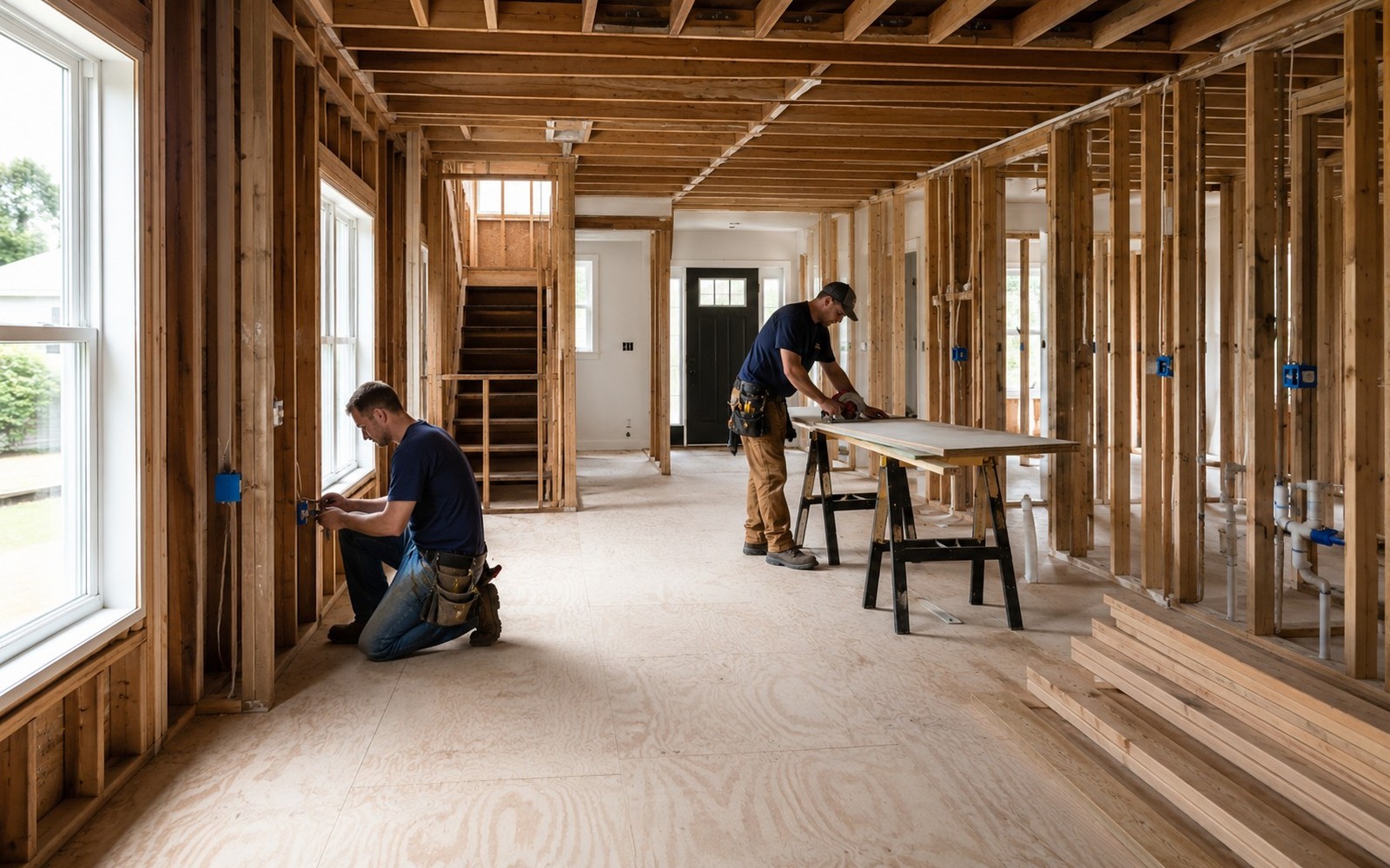 Wide view of a whole-house interior remodel: open studs, new subfloor, crew of two working